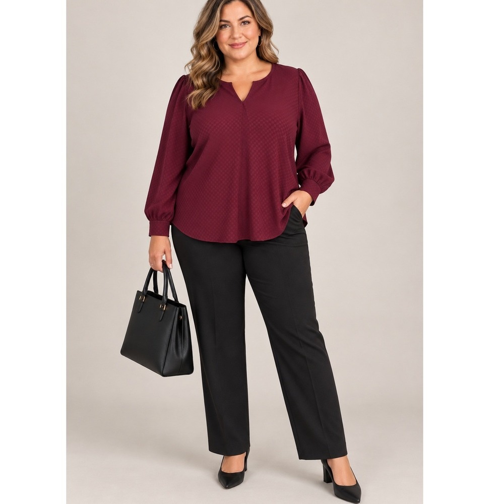 Kaileigh Womens Burgundy Split Neck Puff Sleeve Jacquard Top Blouse 1X NWOT